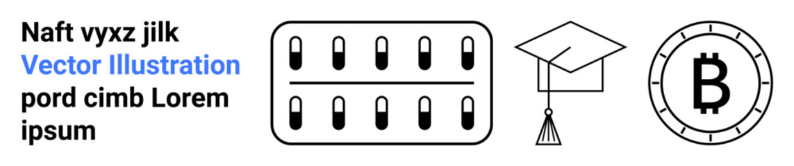 Capsule blister pack, bitcoin blockchain coin, and graduation cap. Ideal for healthcare, pharmaceuticals, medicine, cryptocurrency, education, finance, and e-learning. Clean simple vector art