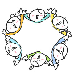 笑顔で上を見上げて輪になる人々　手描きイラスト