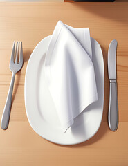 Minimalist Dining Set Mock-Up Featuring Cutlery, White Plates, and Linen Napkin on a Light Wooden Table