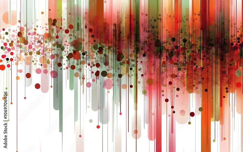 Poster a vibrant abstract composition featuring a cascade of colorful dots and vertical lines in shades of 