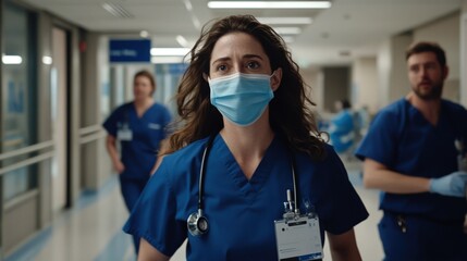Healthcare Workers Rush Through a Busy Hospital Corridor While Wearing Scrubs and Masks During a Critical Shift in Patient Care