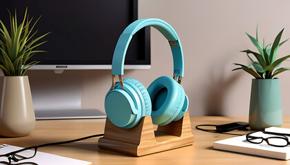 Obraz premium Mock-Up of a Stylish Headphone Stand with Modern Headphones, Placed on a Simple Desk Setup with Minimal Accessories