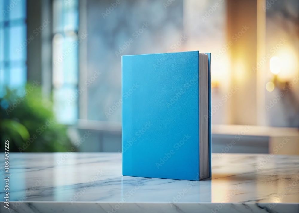 Aufkleber blank book cover template on marble counter with blue blurred background and soft shadows - front vi