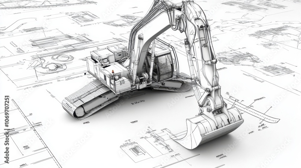 Aufkleber a side view of an excavator with its components labeled, combined with engineering drawings that ill