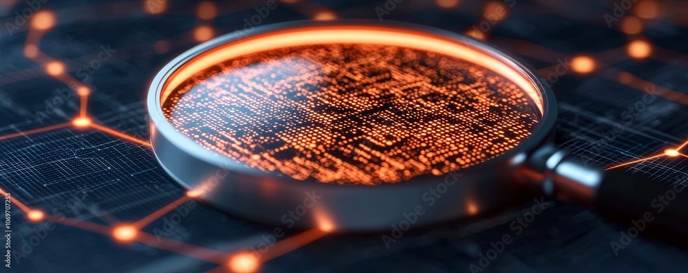 Poster magnifying lens over abstract digital network