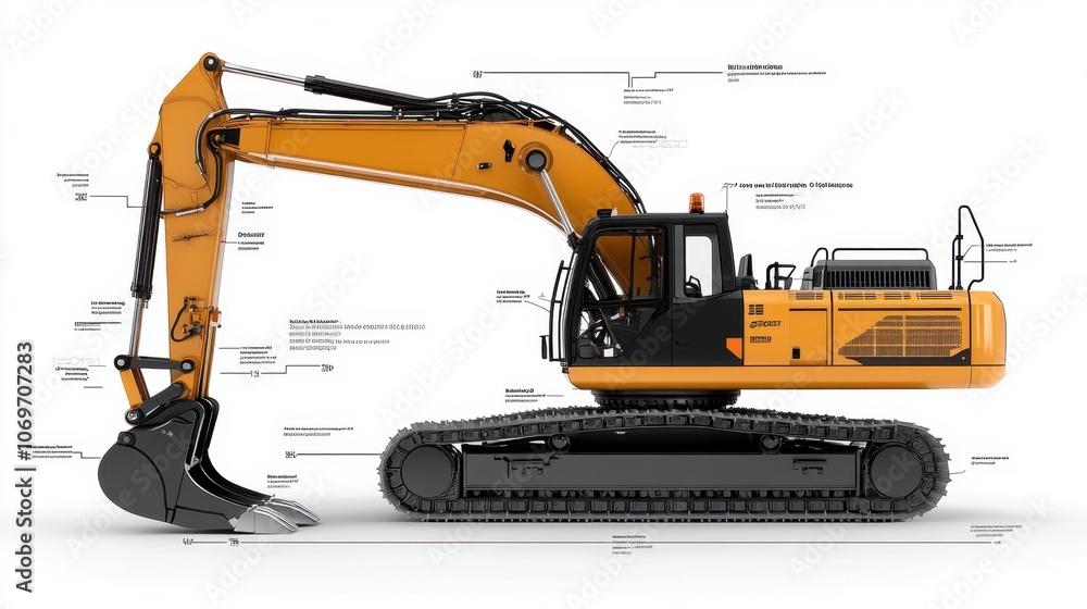Aufkleber a side view of an excavator with its components labeled, combined with engineering drawings that ill