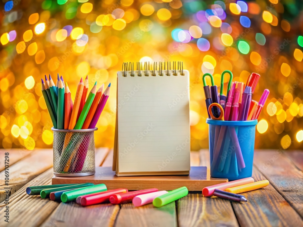 Poster blank notepad surrounded by colorful stationery supplies with a bokeh effect creating a dreamy atmos