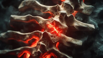 2410_064.magnified view of vertebral compression injury, photorealistic bone rendering, intense red coloration for fracture, soft tissue hints, dark earthy backdrop, educational anatomy diagram style