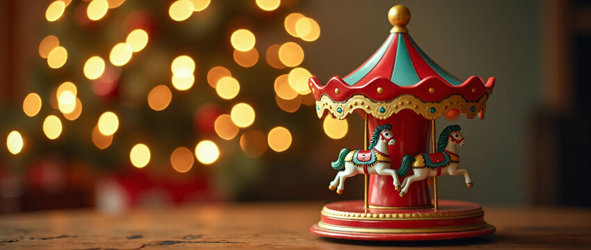 Vintage musical carousel toy on blurred background with Christmas tree and golden lights. Merry Go round. Childhood magic concept. Christmas eve. New Year and winter holidays greeting card