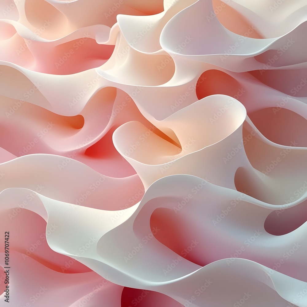 Poster an abstract composition showcasing smooth, wavy textures in soft pink and cream tones, evoking a sen