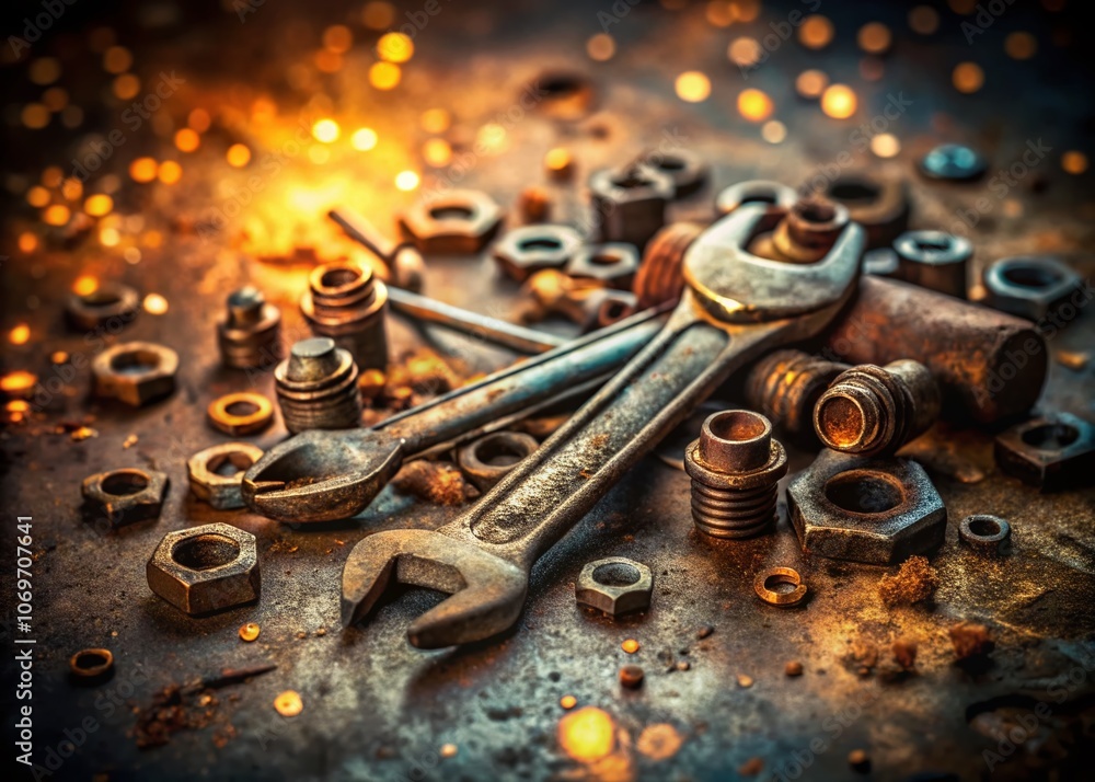 Aufkleber bokeh effect of rusty wrenches and bolts on a weathered metal surface, highlighting the texture and 