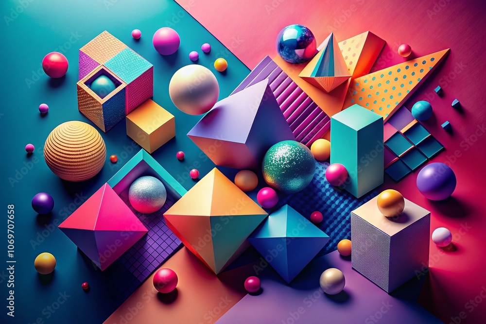 Poster bold geometric 3d shapes with vibrant colors in an abstract design background for creative projects,