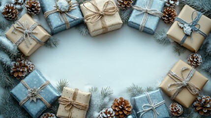 Fototapeta premium Blue and beige Christmas gift boxes with twine and pine cones on frosty background