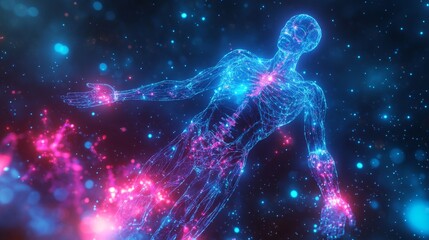 2410_009.bio-digital human anatomy render, ethereal blue transparent body, radiant pink pain indicators, glowing skeletal framework, neural network visualization, quantum medical imaging style,