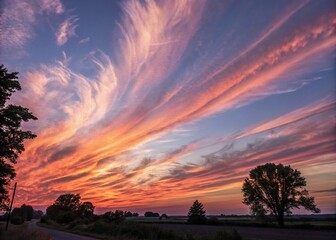 Fototapeta premium Breathtaking Candid Photography of Cirrus Clouds Illuminated by a Vibrant Sunset, Capturing Nature's Palette in a Stunning Sky Landscape