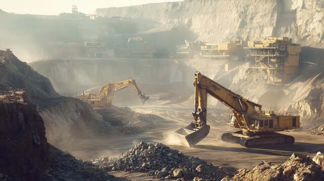 Excavators working in a large quarry, moving earth and rocks in an industrial setting.