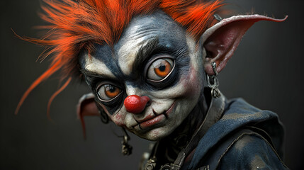 A 3D Render of a Goblin with Red Hair and a Clown Nose, Looking Up and to the Right