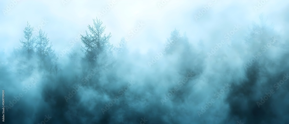 Aufkleber mysterious fog envelops a dense forest, creating an ethereal atmosphere with shades of blue and gray