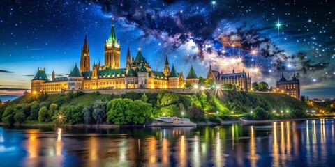 Obraz premium Breathtaking Night View of Parliament Hill in Ottawa with Illuminated Gothic Architecture and Starry Sky, Capturing the Essence of Canadian Heritage and Nighttime Beauty