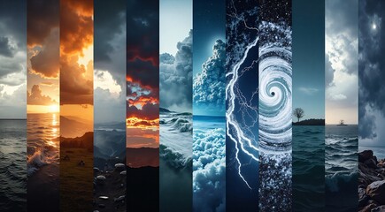 Fototapeta na wymiar Extreme Weather Collage Featuring Hurricanes, Tornadoes, and Heatwaves, Emphasizing the Growing Frequency and Intensity from Climate Change