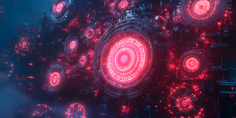 Abstract 3D Futuristic Cyberpunk Render of Glowing Red Circular Panels and Gears