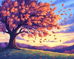 Vibrant autumn tree with falling leaves against a colorful sunset sky.