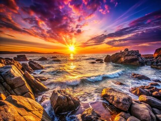 Breathtaking Sunset Over a Rocky Coastline with Soft Bokeh Effect Highlighting Vibrant Colors and Dramatic Clouds for Nature Photography Enthusiasts and Travel Lovers