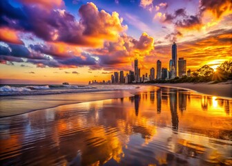 Fototapeta premium Breathtaking Sunset Views Over Gold Coast Cityscape and Beach, Capturing Vibrant Colors and Serene Atmosphere in a Stunning Product Photography Style