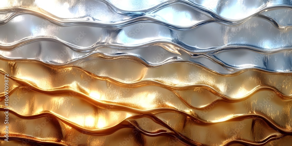 Poster an artistic close-up of textured metallic waves in shades of silver, gold, and bronze, creating a dy
