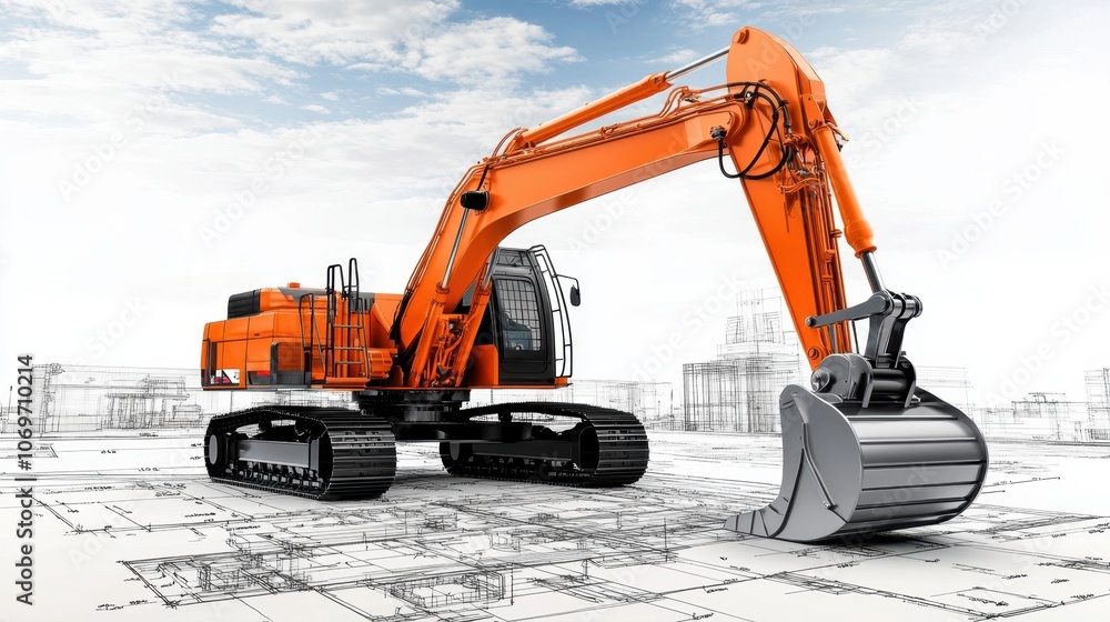 Aufkleber a striking render of an excavator with detailed design elements, enhanced by blueprints that provide