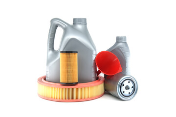 Collection of automotive supplies featuring oil jugs, air filter, and funnel on a white