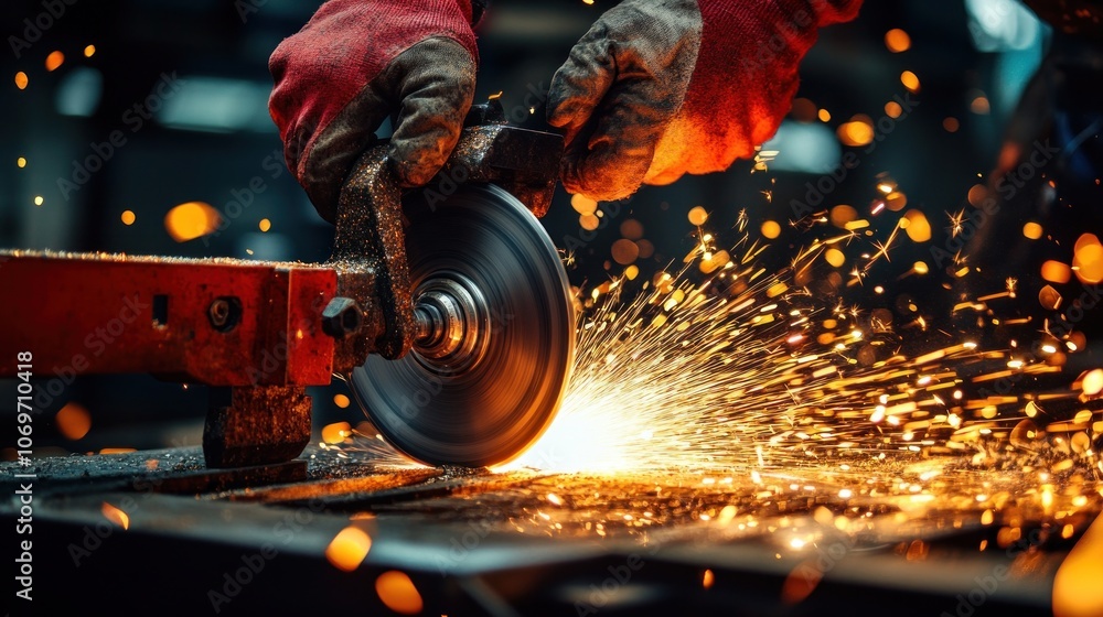 Aufkleber a worker using a cutting tool, creating sparks in an industrial setting.