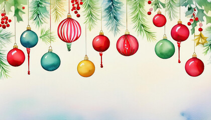 A watercolor painting of Christmas tree with many red and purple Christmas ball ornaments hanging from the branches with copy space for text in concept of xmas holiday festival.