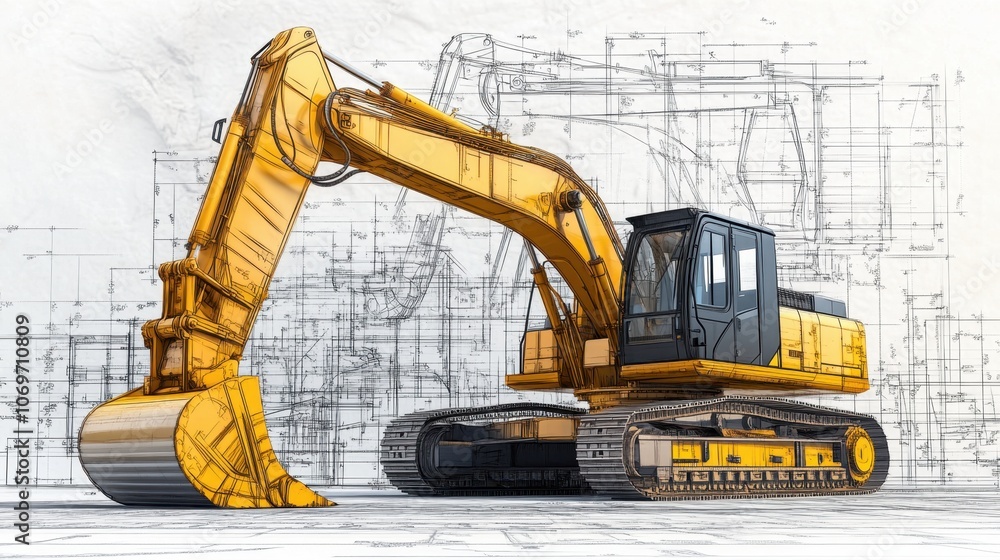 Aufkleber a striking render of an excavator with detailed design elements, enhanced by blueprints that provide