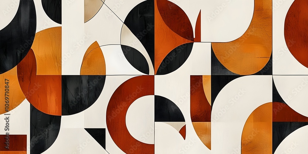 Poster an abstract composition featuring geometric patterns in warm tones of orange, black, and cream. the 