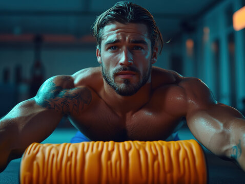 A dedicated athlete uses a foam roller to enhance muscle recovery in a modern gym environment