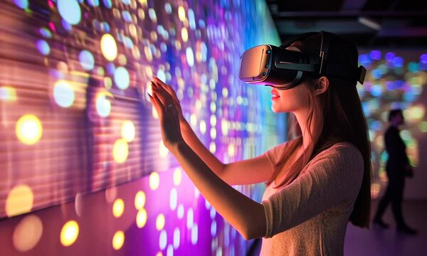 Woman with VR headset interacting with a colorful light display