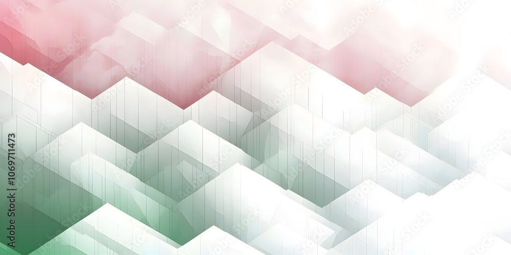 Poster an abstract geometric design featuring layered, translucent shapes in soft hues of red, green, and w