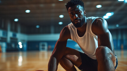 Fototapeta premium Basketball player takes a moment to massage sore leg after intense game on the court