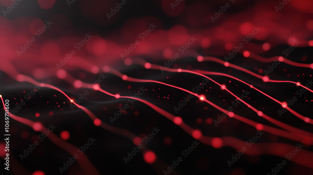 Poster a vibrant abstract image featuring wavy red lines against a dark background, evoking a dynamic and e