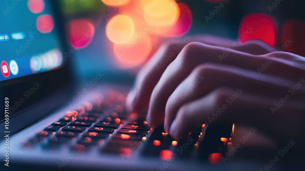 Poster a close-up of hands typing on a laptop keyboard, illuminated by colorful lights, creating a vibrant 