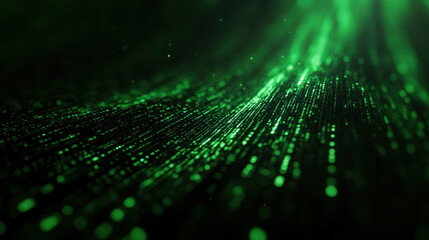 A mesmerizing green light pattern resembling digital data streams, creating a sense of depth and motion.