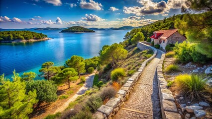 Fototapeta premium Captivating Architectural Photography of Dugi Robak: A Serene Coastal Pathway Surrounded by Lush Greenery and Breathtaking Views of the Adriatic Sea in Croatia