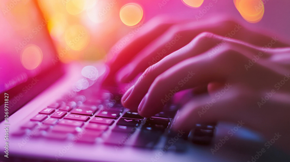 Poster a close-up of hands typing on a laptop keyboard, with a colorful bokeh background, creating a vibran