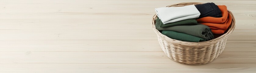 Perfectly organized laundry basket on wooden floor.  Neatly folded clothes in calming earth tones.