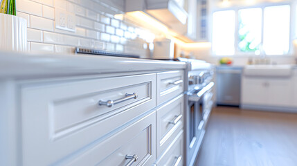Detailed shot of sleek cabinetry drawers in a recently remodelled contemporary kitchen with a fresh white color scheme