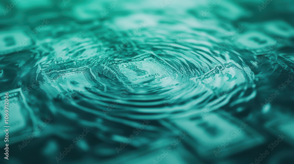 Poster an abstract image featuring rippling water overlaid with dollar bills, creating a surreal and dynami