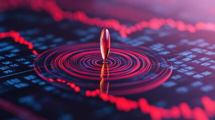 A vibrant visual featuring a single droplet creating ripples over a digital stock market background with red and blue tones.
