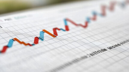 The image displays a line graph with a rising trend, featuring red and blue lines on a grid background, representing data analysis.