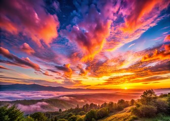 Fototapeta premium Captivating Beauty of a Colorful Sunrise Over a Tranquil Landscape with Vibrant Hues and Soft Clouds, Perfectly Positioned for a Serene Morning Experience